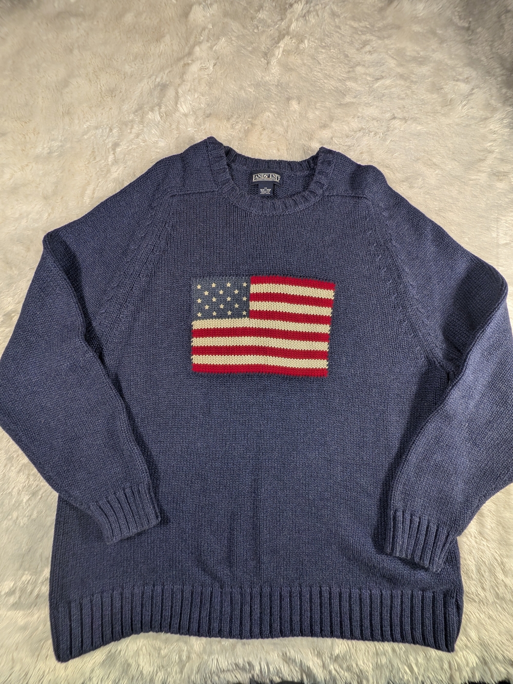 Vtg Polo by Ralph Lauren Heavywgt Navy Crewneck Sweater with American Flag Patch